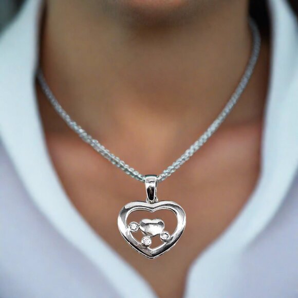 Sterling Silver Pendant White Cubic Zirconia Stone Heart Pendant - Picture 1 of 7